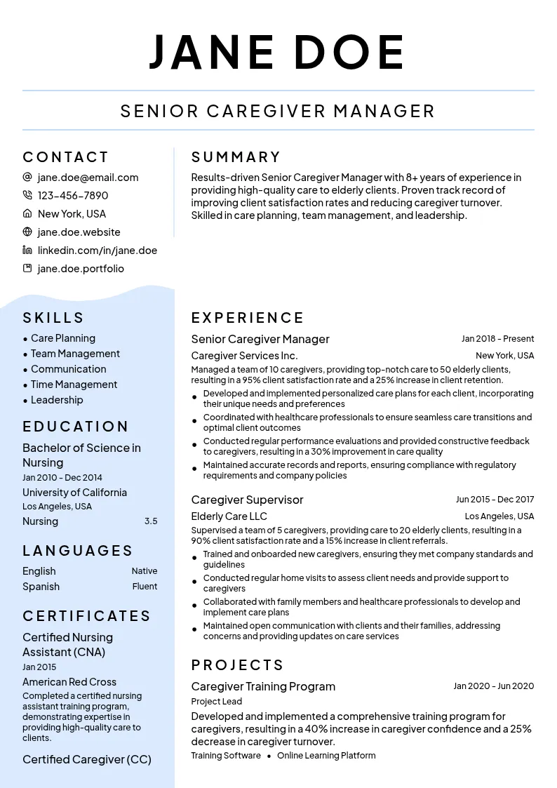 Senior Caregiver Manager resume example