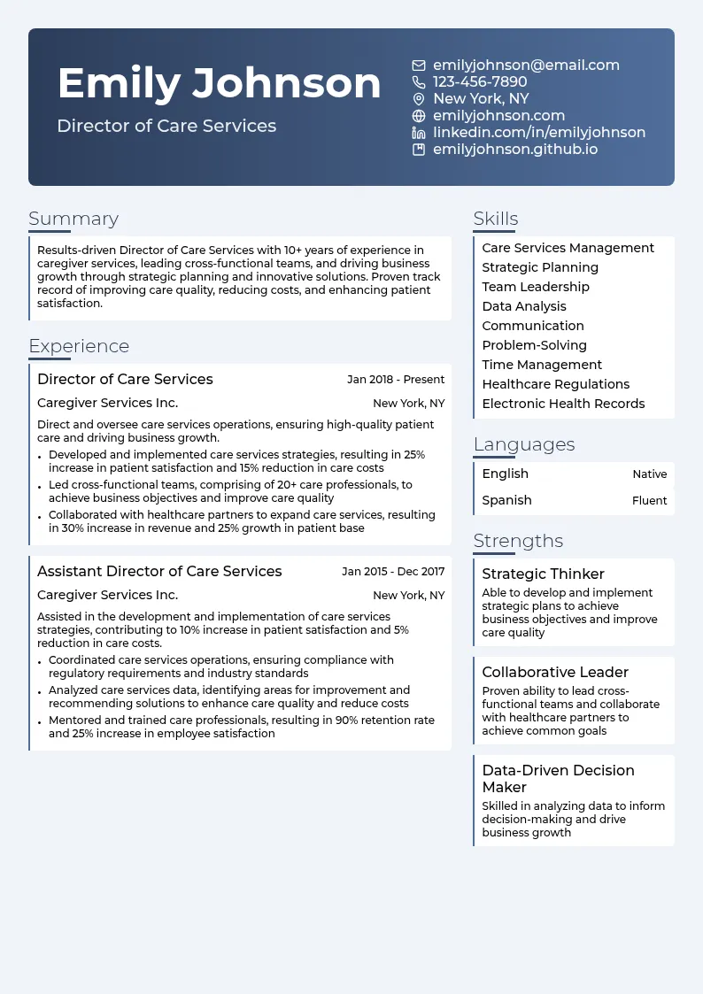 Director of Care Services resume example