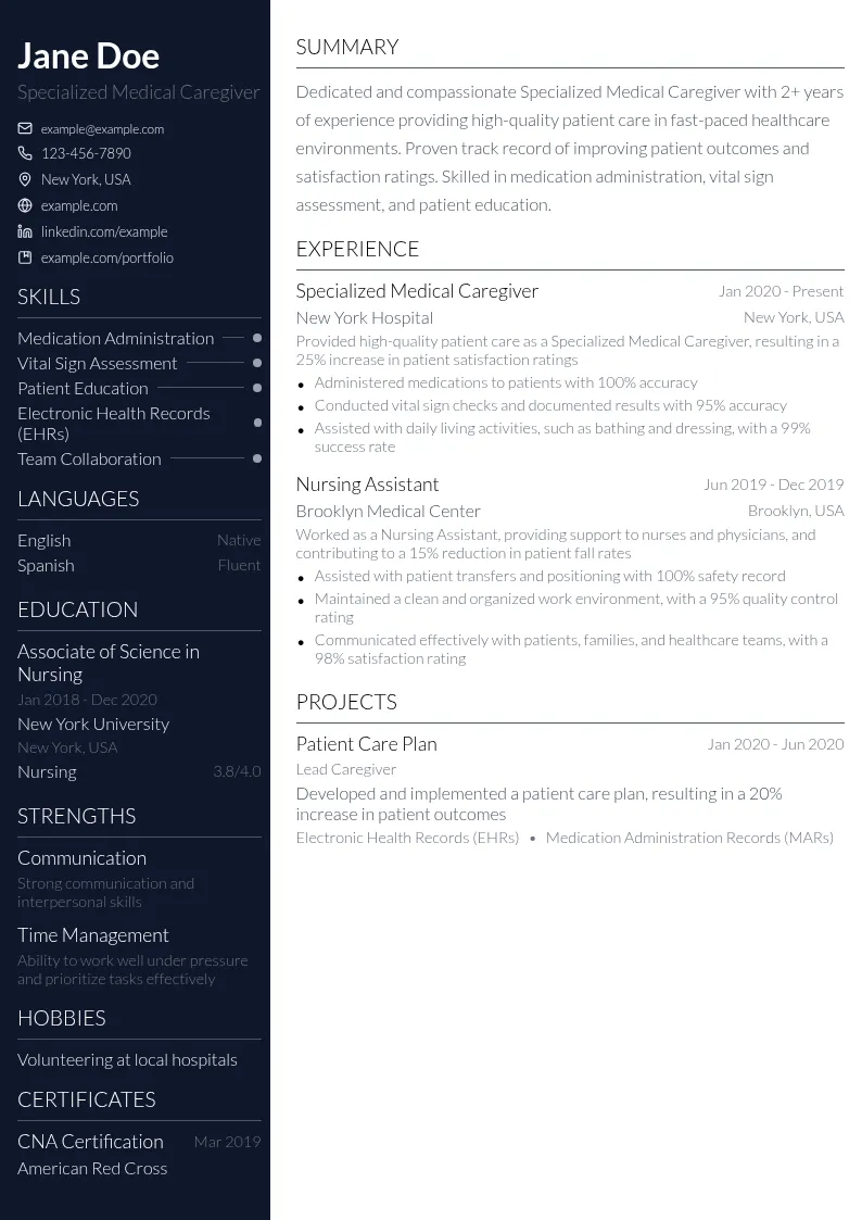 Specialized Medical Caregiver resume example