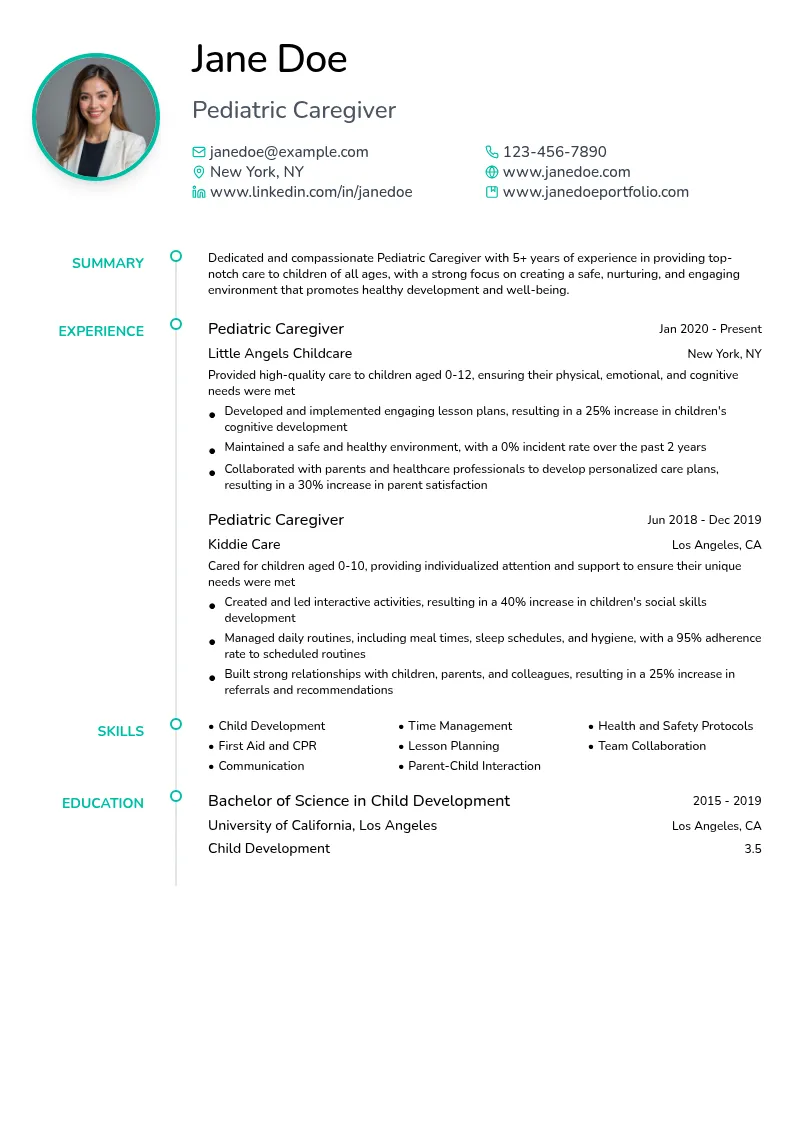 Pediatric Caregiver resume example