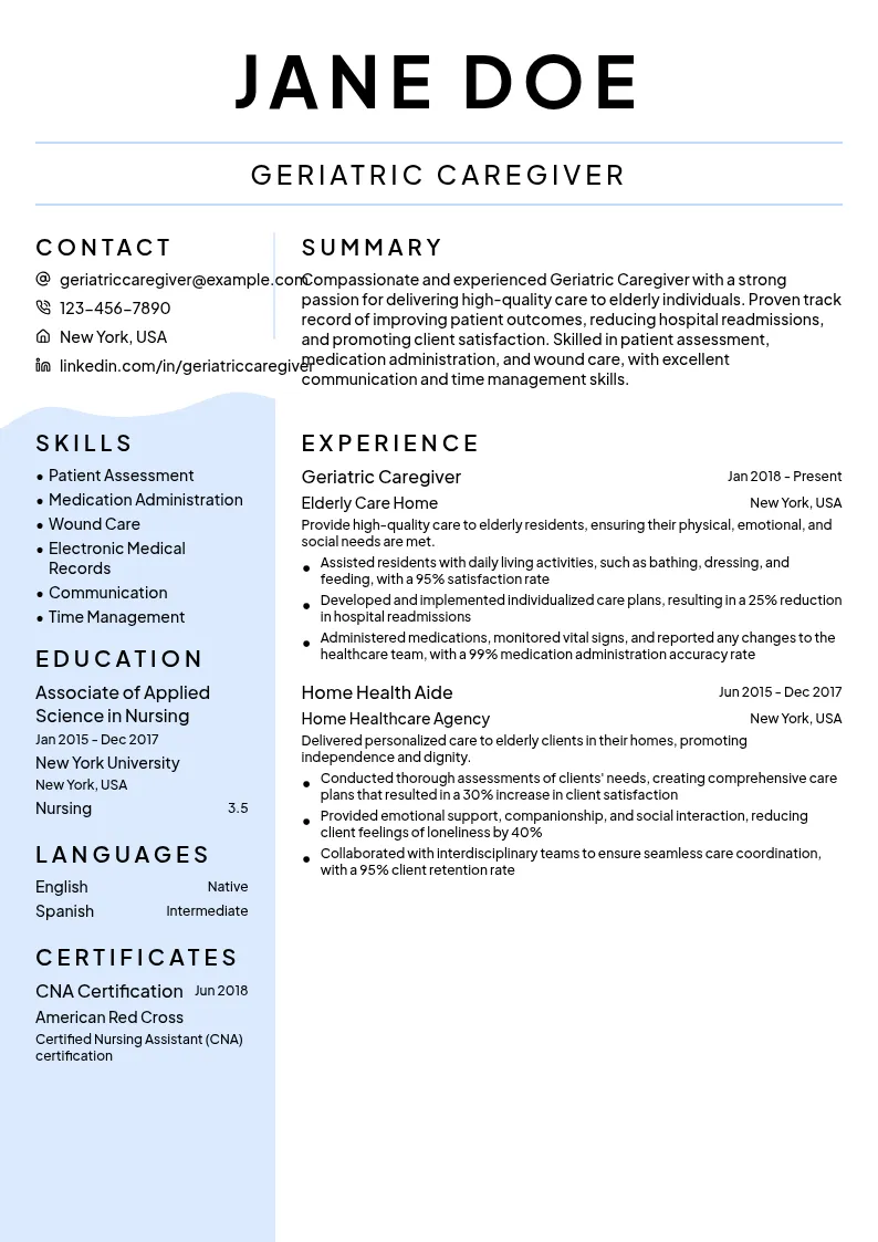 Geriatric Caregiver resume example