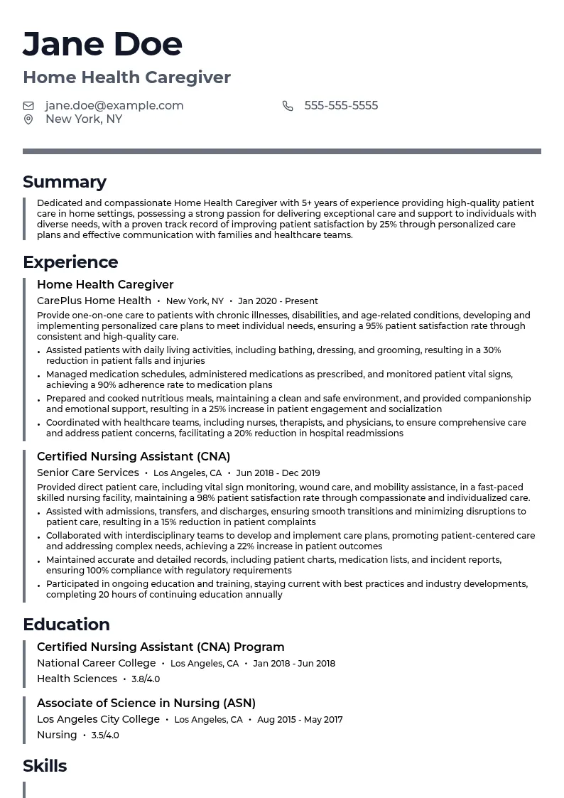 Home Health Caregiver resume example
