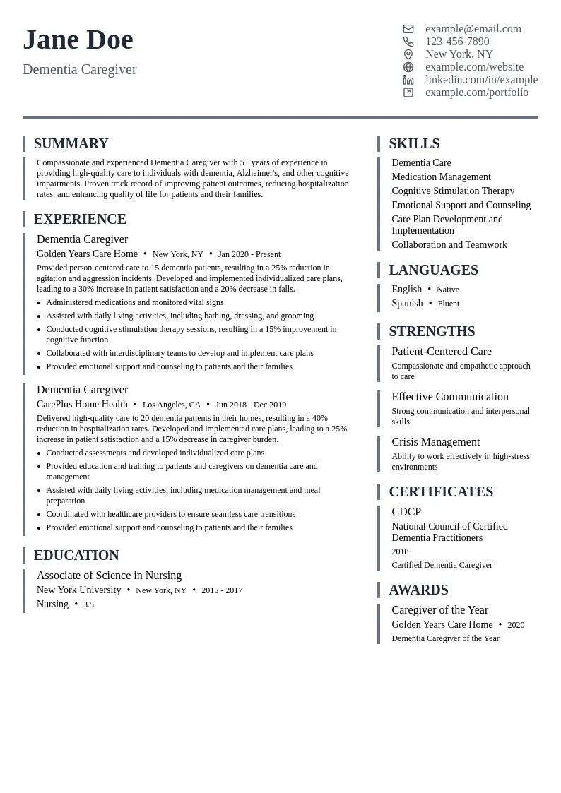 Dementia Caregiver resume example