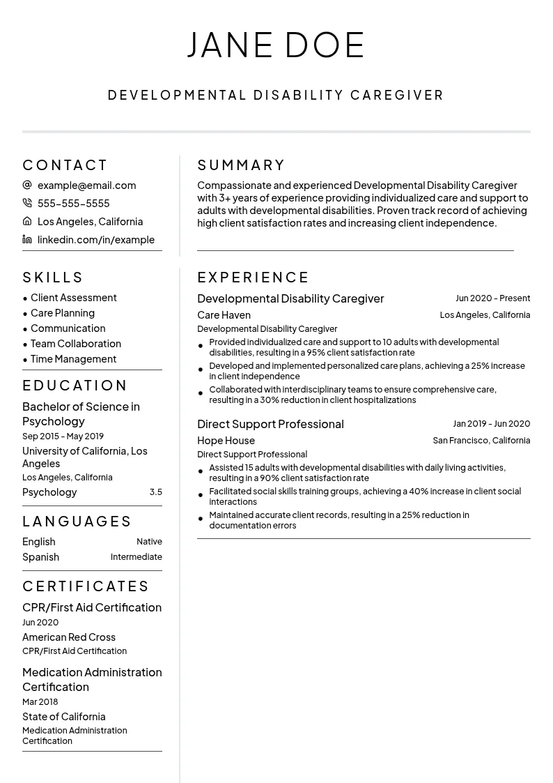 Developmental Disability Caregiver resume example