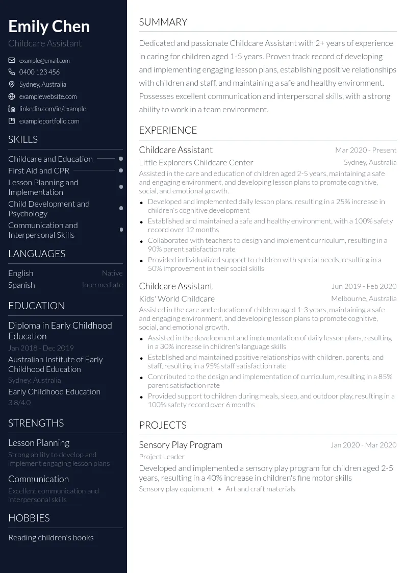 Childcare Assistant resume example