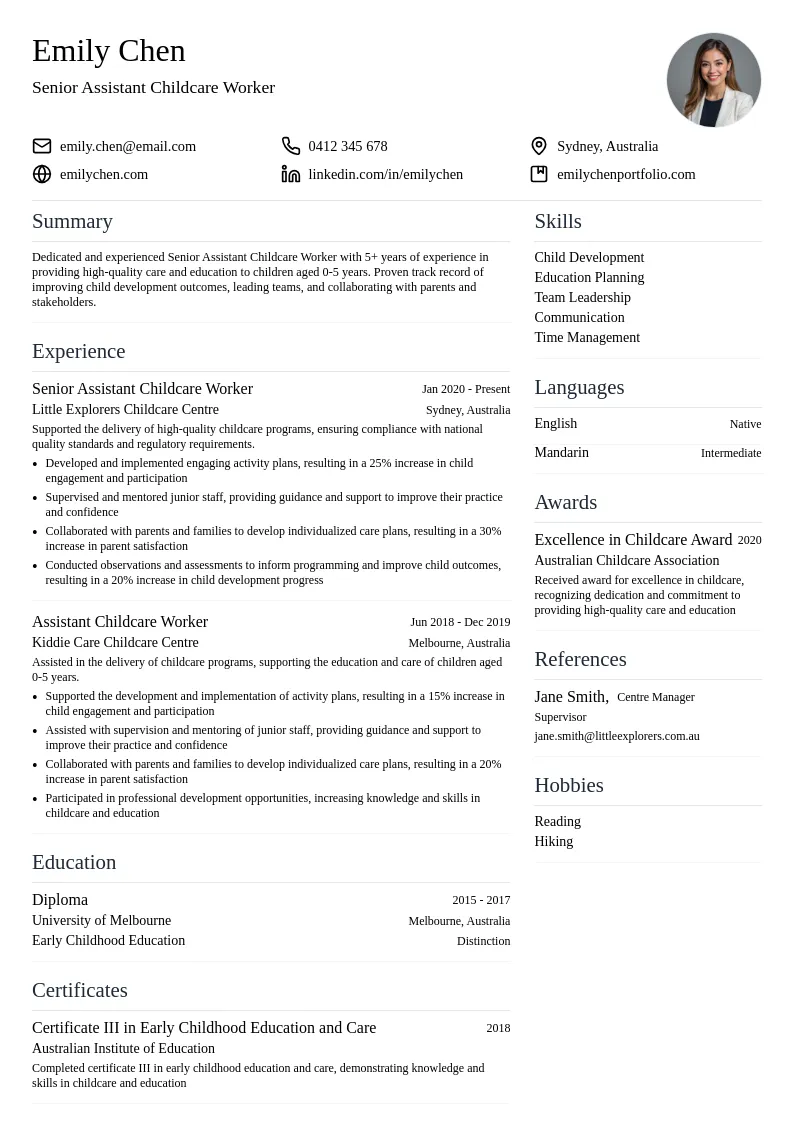 Senior Assistant Childcare Worker resume example