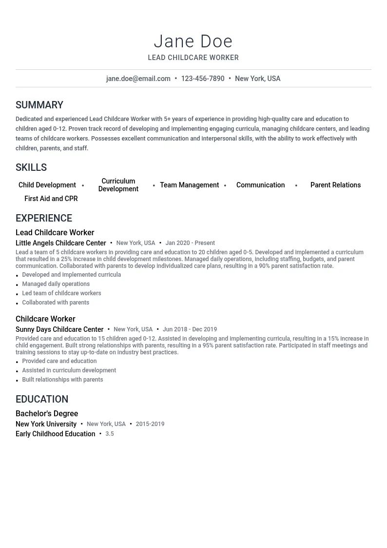 Lead Childcare Worker resume example