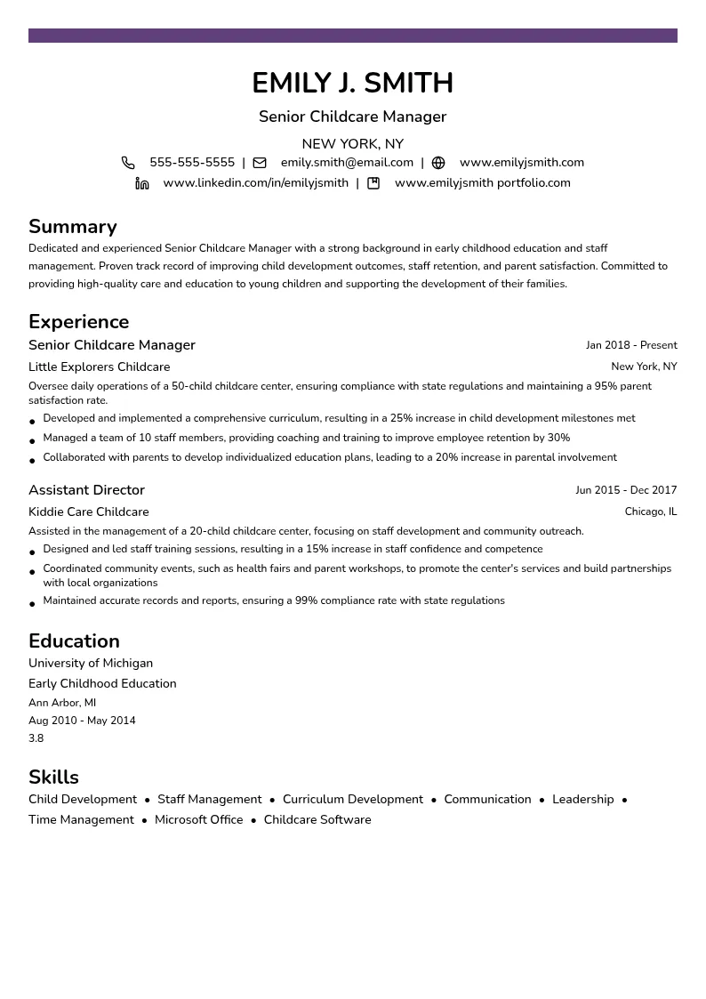 Senior Childcare Manager resume example