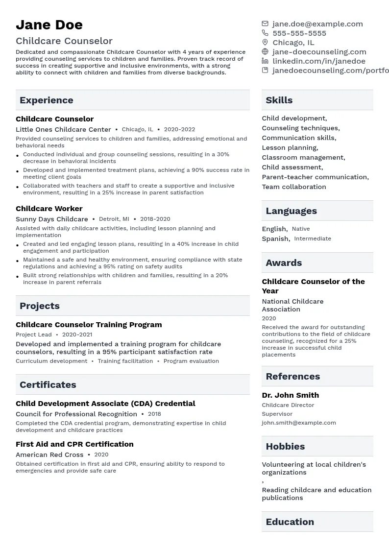 Childcare Counselor resume example
