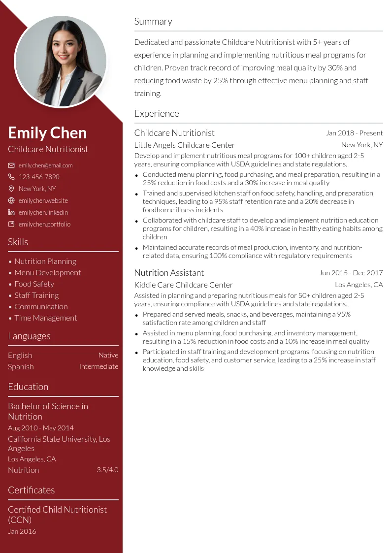 Childcare Nutritionist resume example