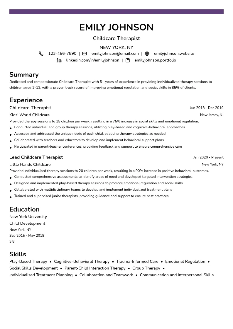 Childcare Therapist resume example