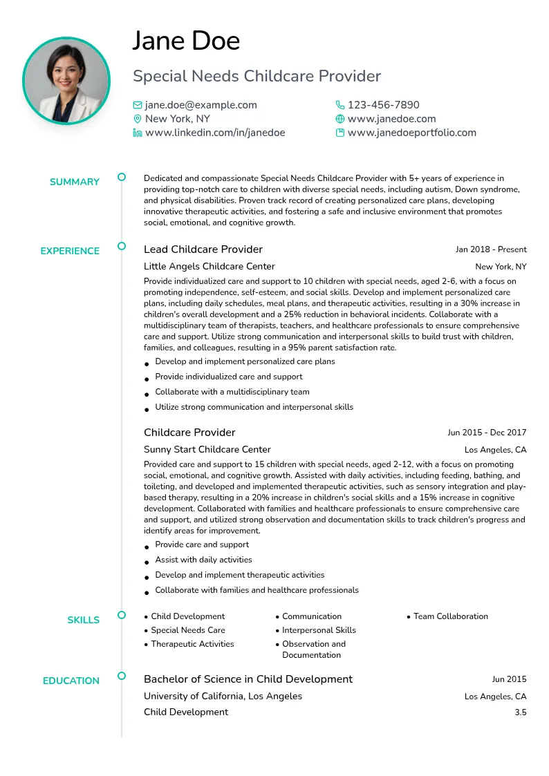 Special Needs Childcare Provider resume example