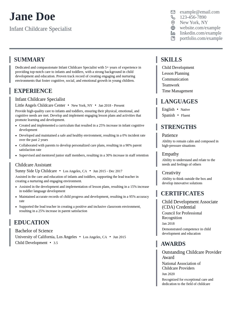 Infant Childcare Specialist resume example