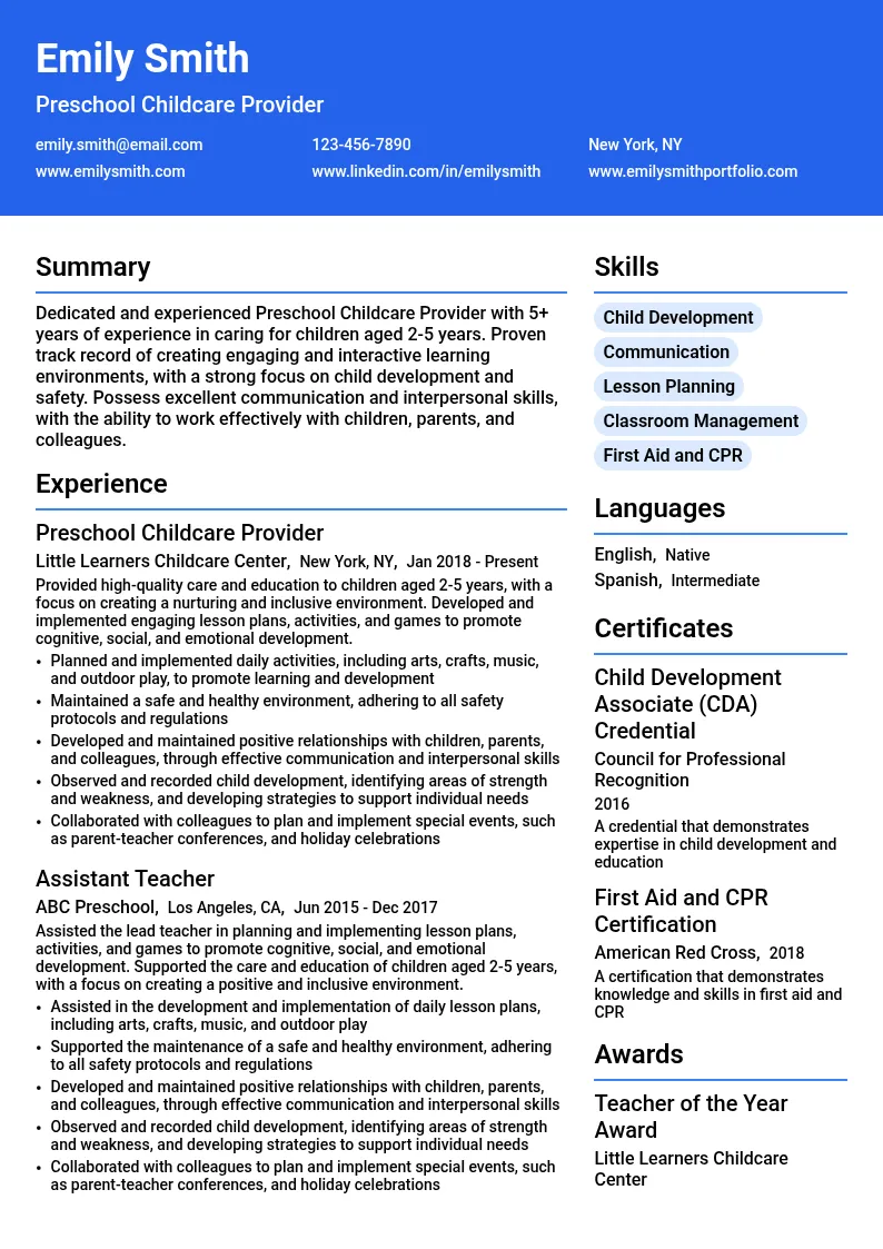Preschool Childcare Provider resume example