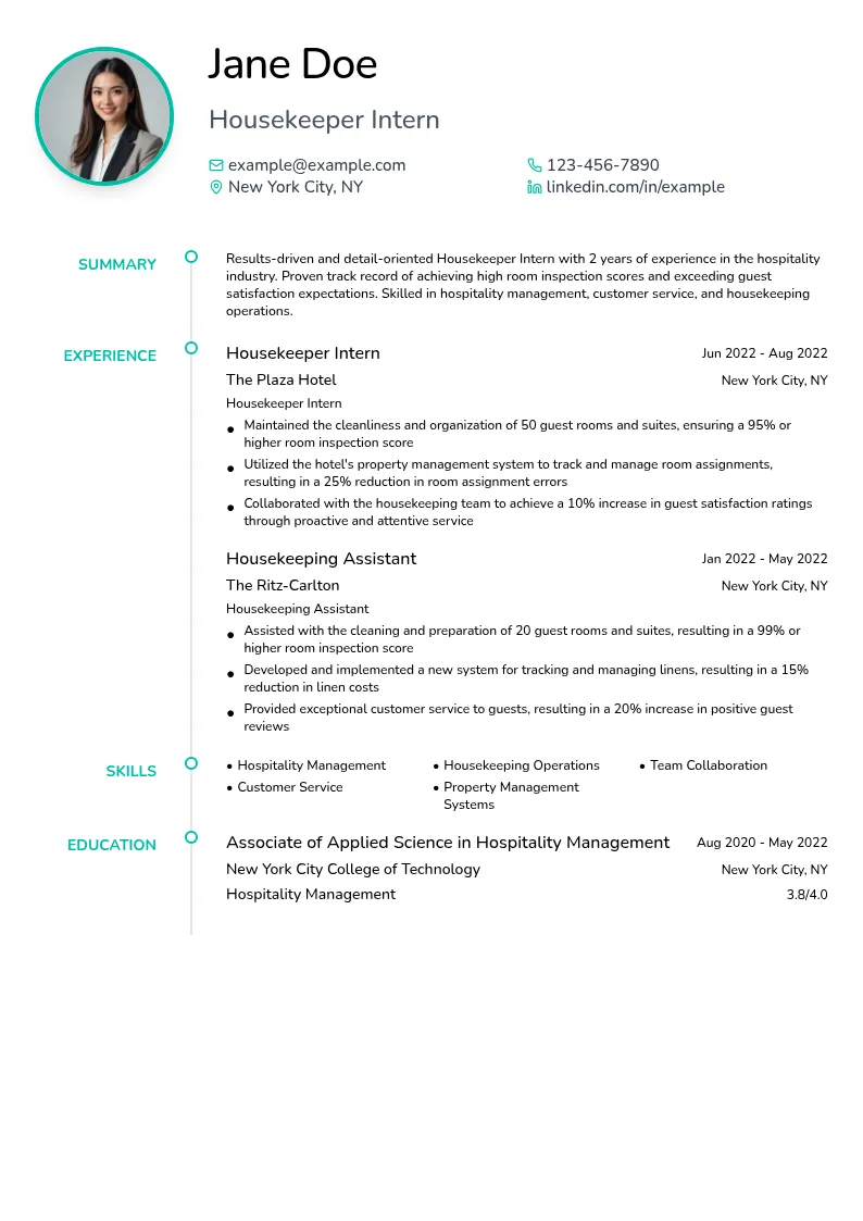 Housekeeper Intern resume example