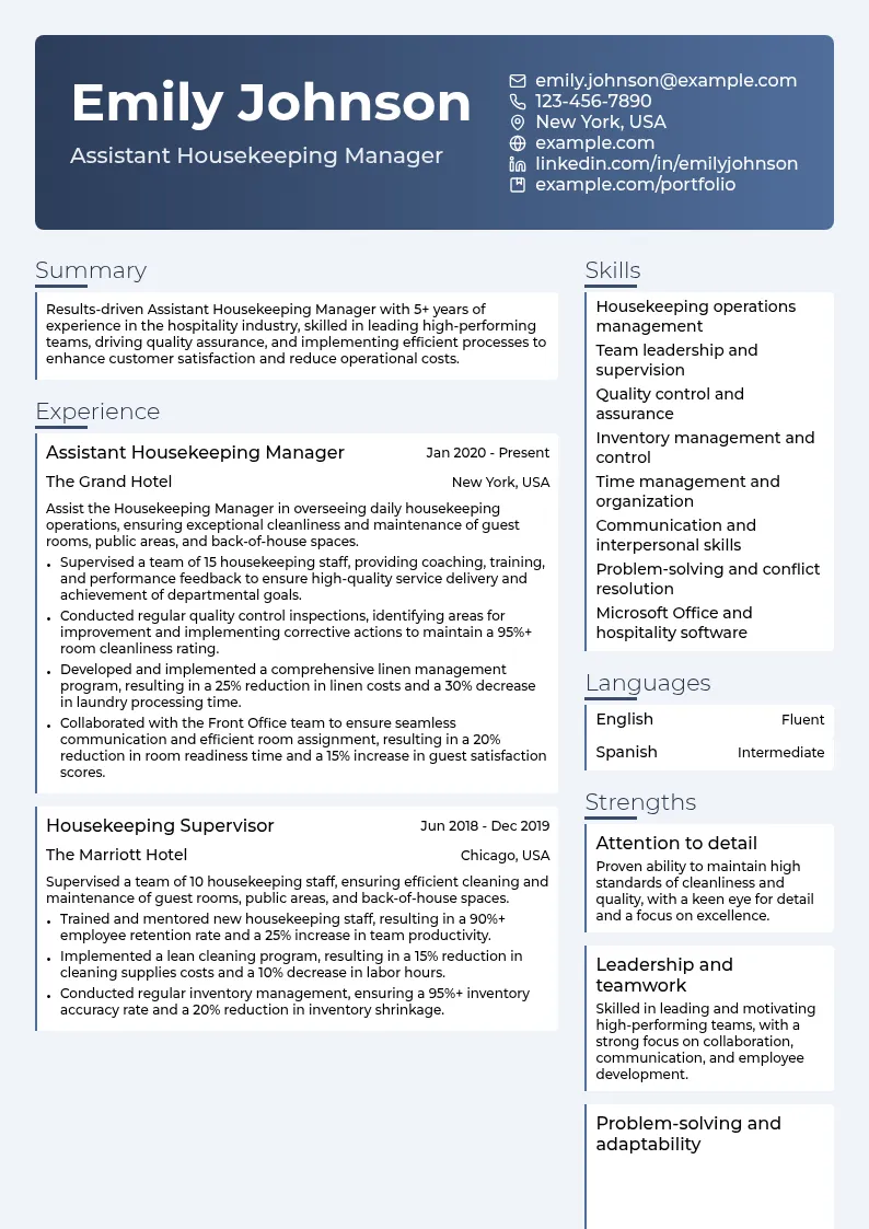 Assistant Housekeeping Manager resume example