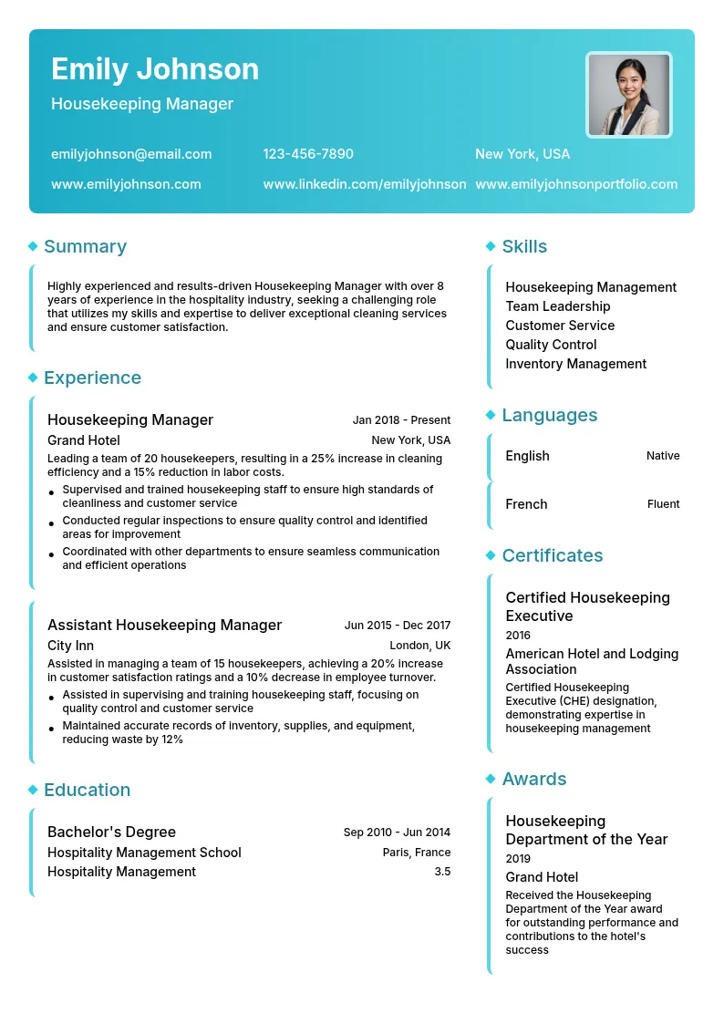 Housekeeping Manager resume example