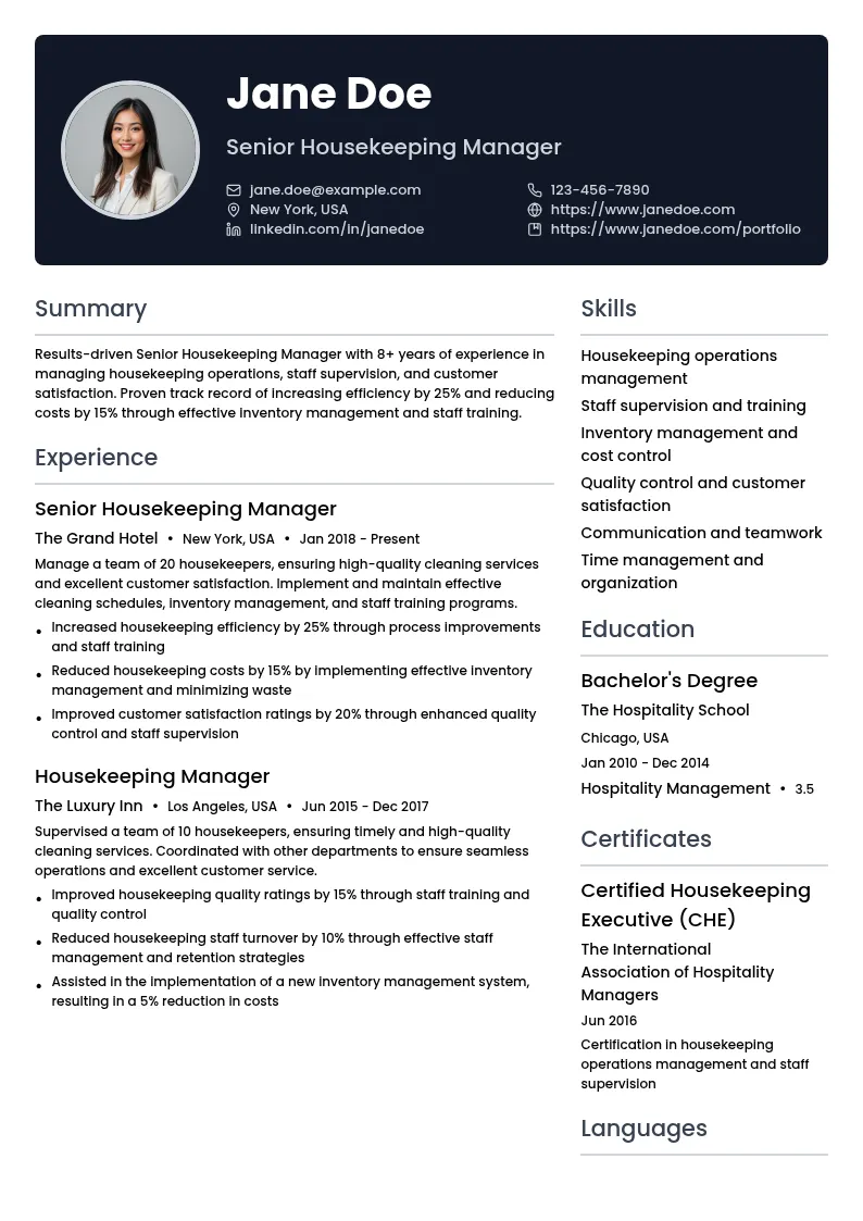 Senior Housekeeping Manager resume example