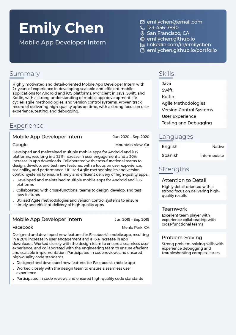 Mobile App Developer Intern resume example