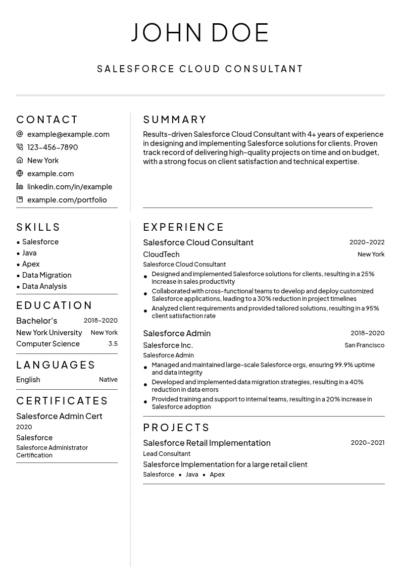 Salesforce Cloud Consultant resume example