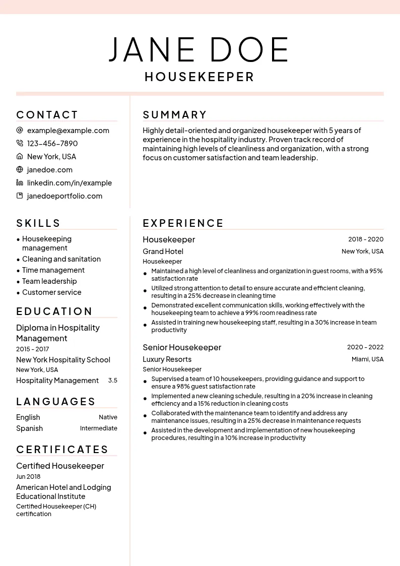 General Housekeeping resume example