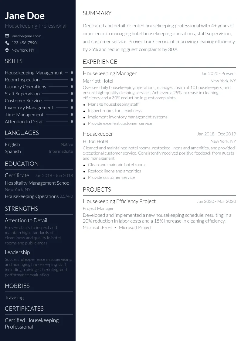 Hospitality Housekeeping resume example