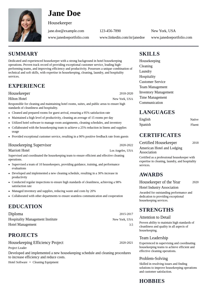 Hotel Housekeeping resume example