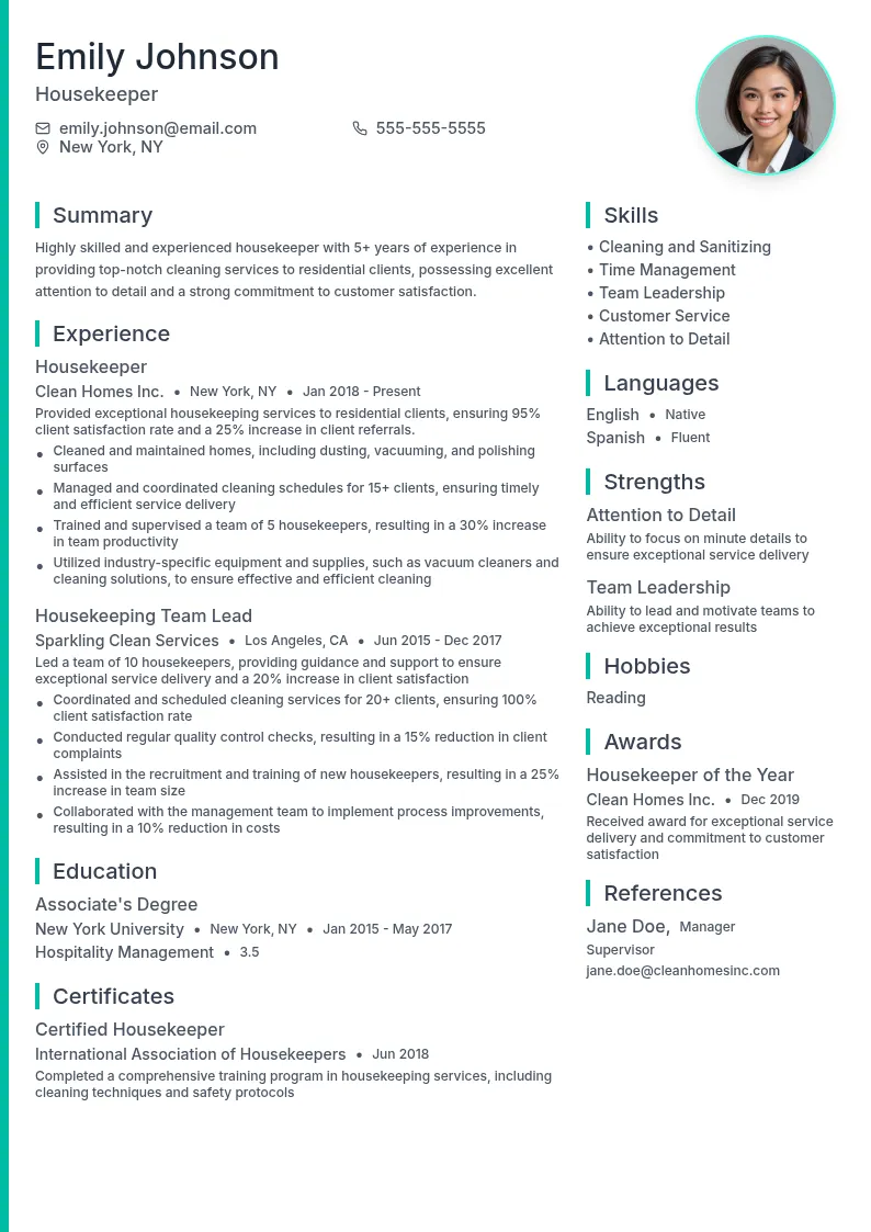 Residential Housekeeping resume example