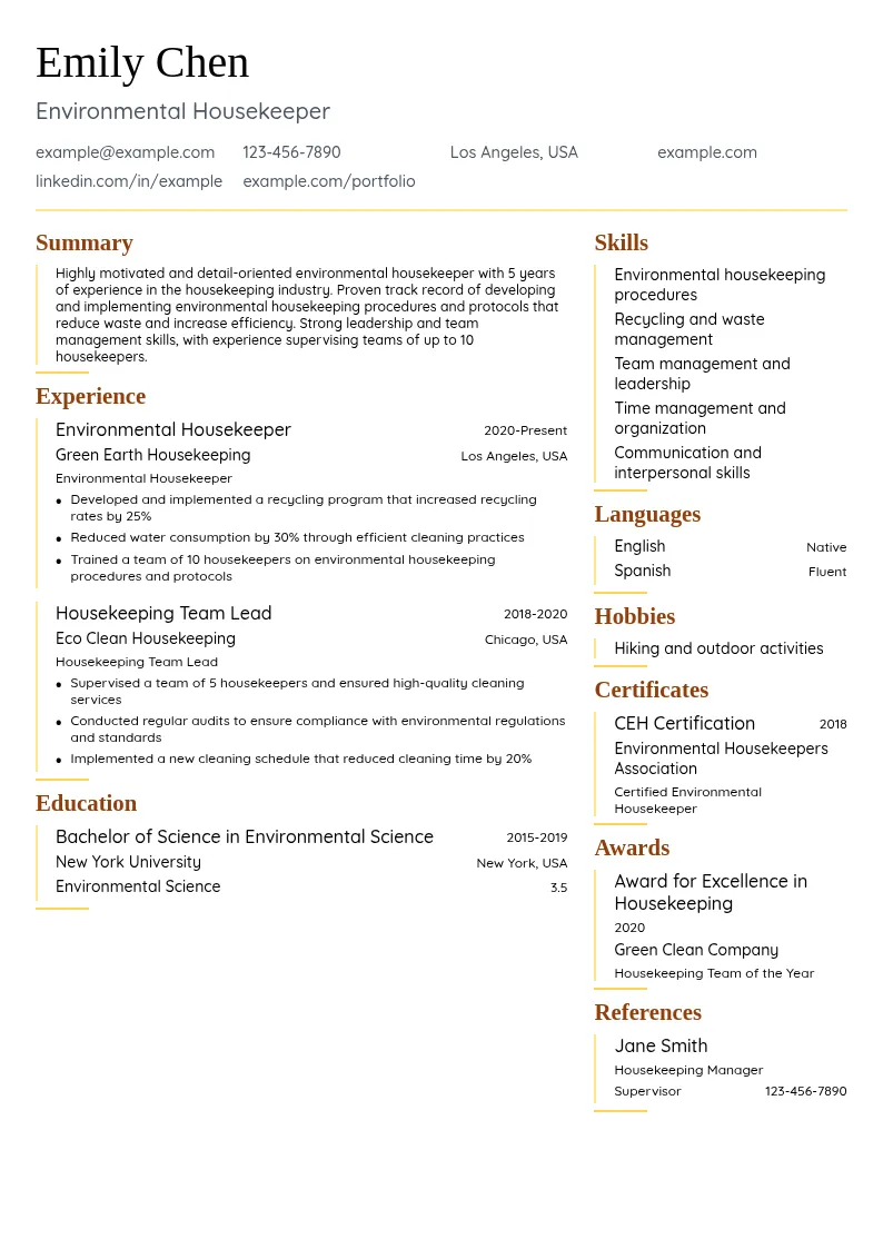 Environmental Housekeeping resume example