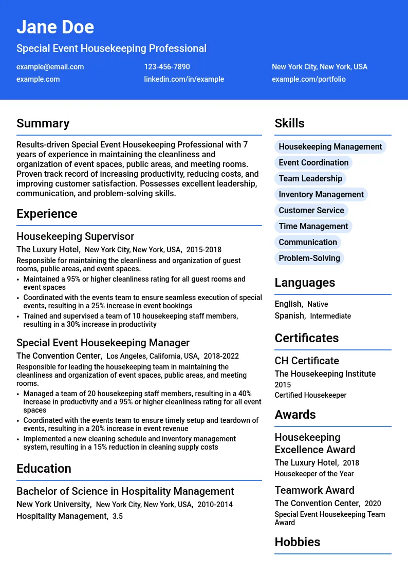 Special Event Housekeeping resume example
