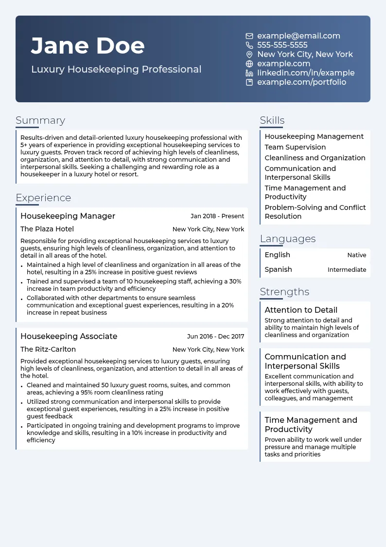 Luxury Housekeeping resume example