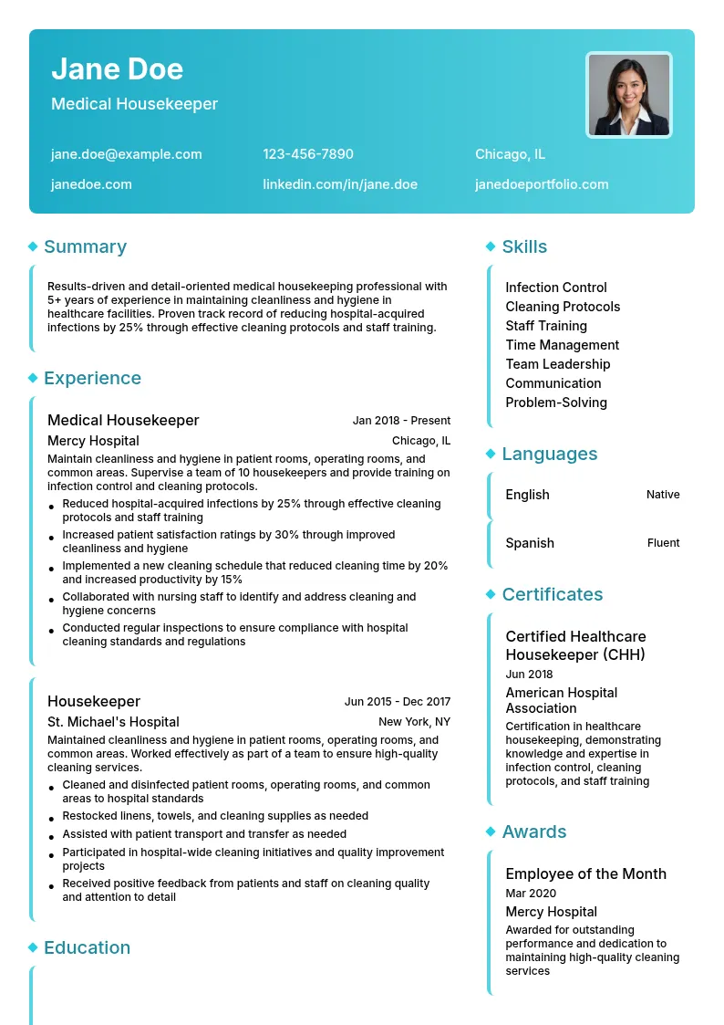 Medical Housekeeping resume example