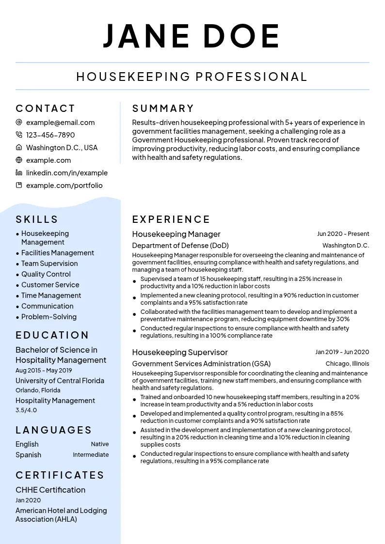 Government Housekeeping resume example