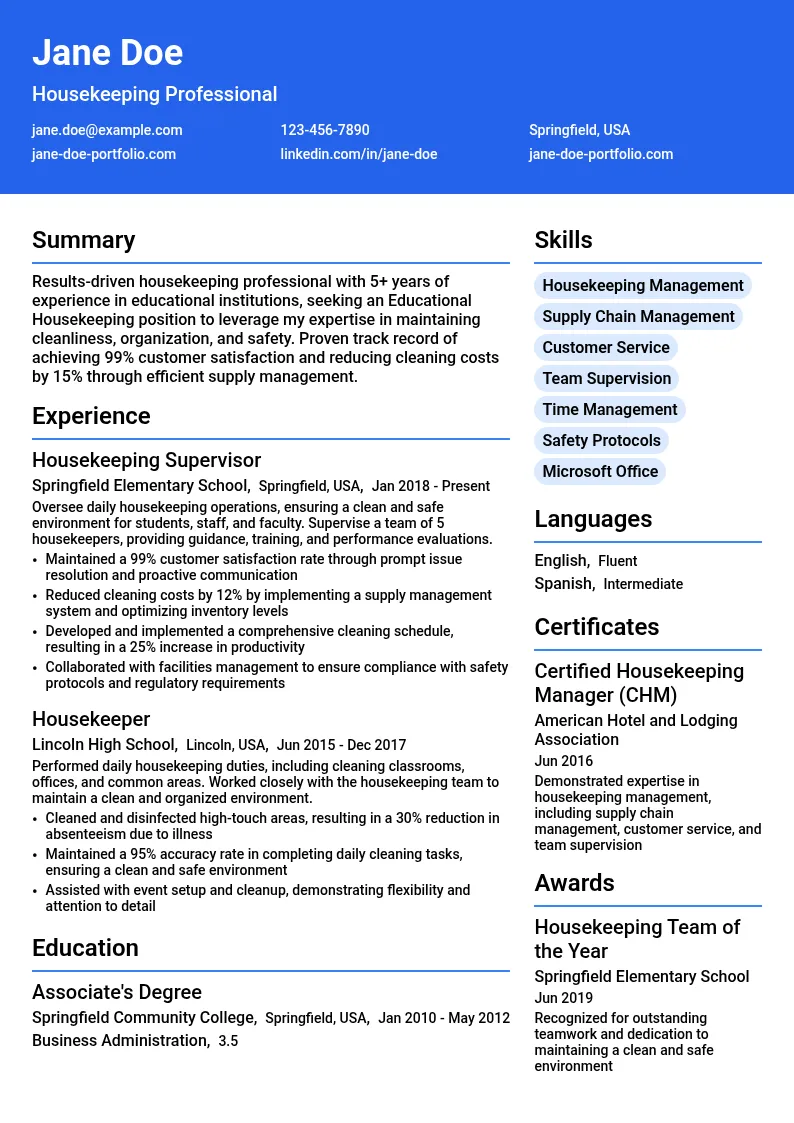 Educational Housekeeping resume example