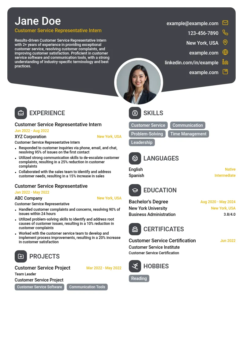 Customer Service Representative Intern resume example