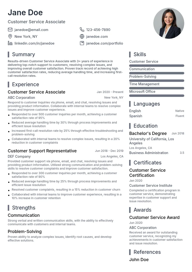 Customer Service Associate resume example
