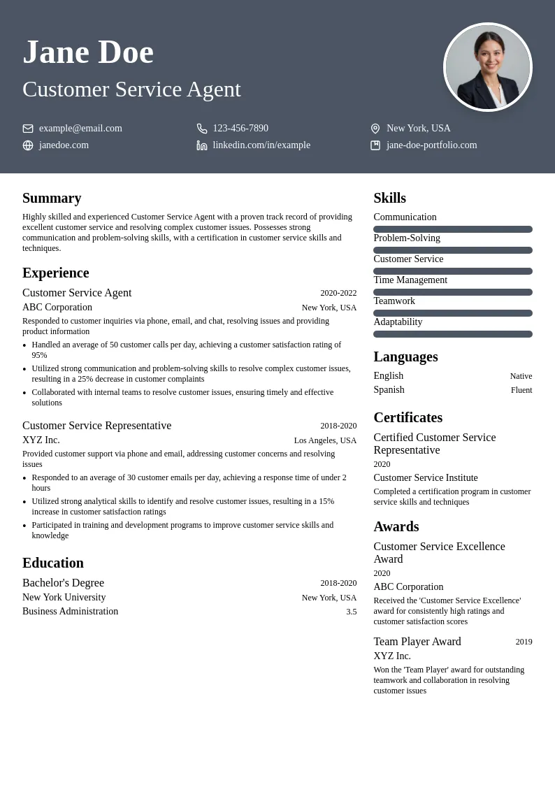 Customer Service Agent resume example