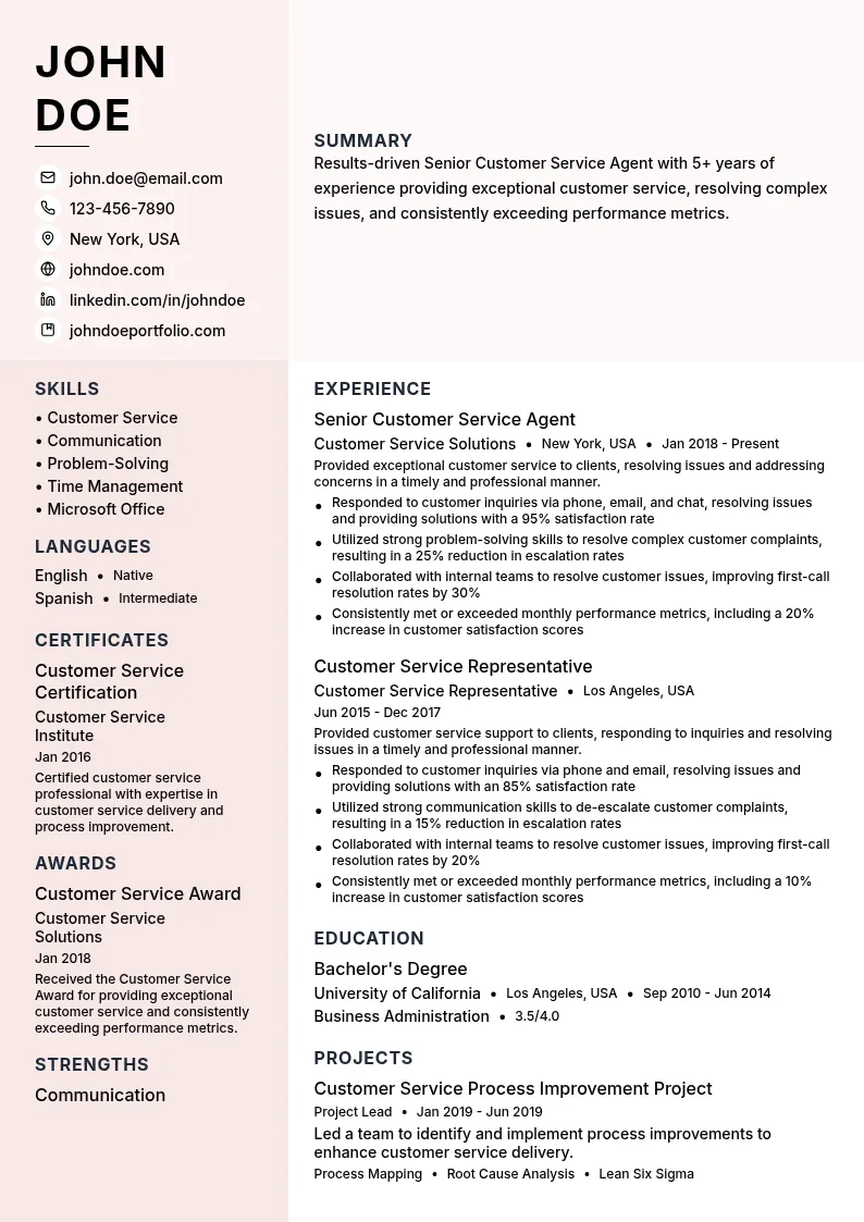 Senior Customer Service Agent resume example