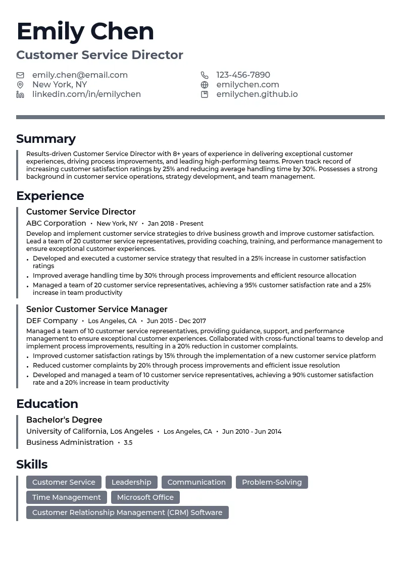 Customer Service Director resume example