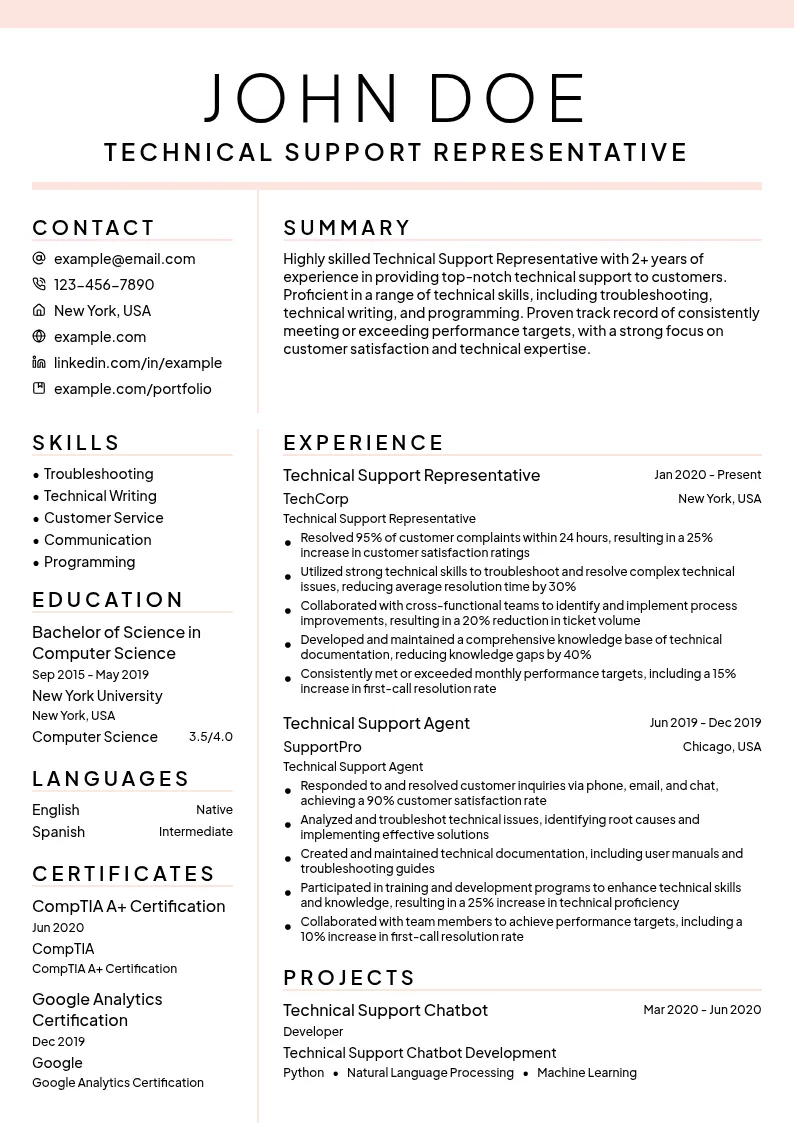 Technical Support Representative resume example