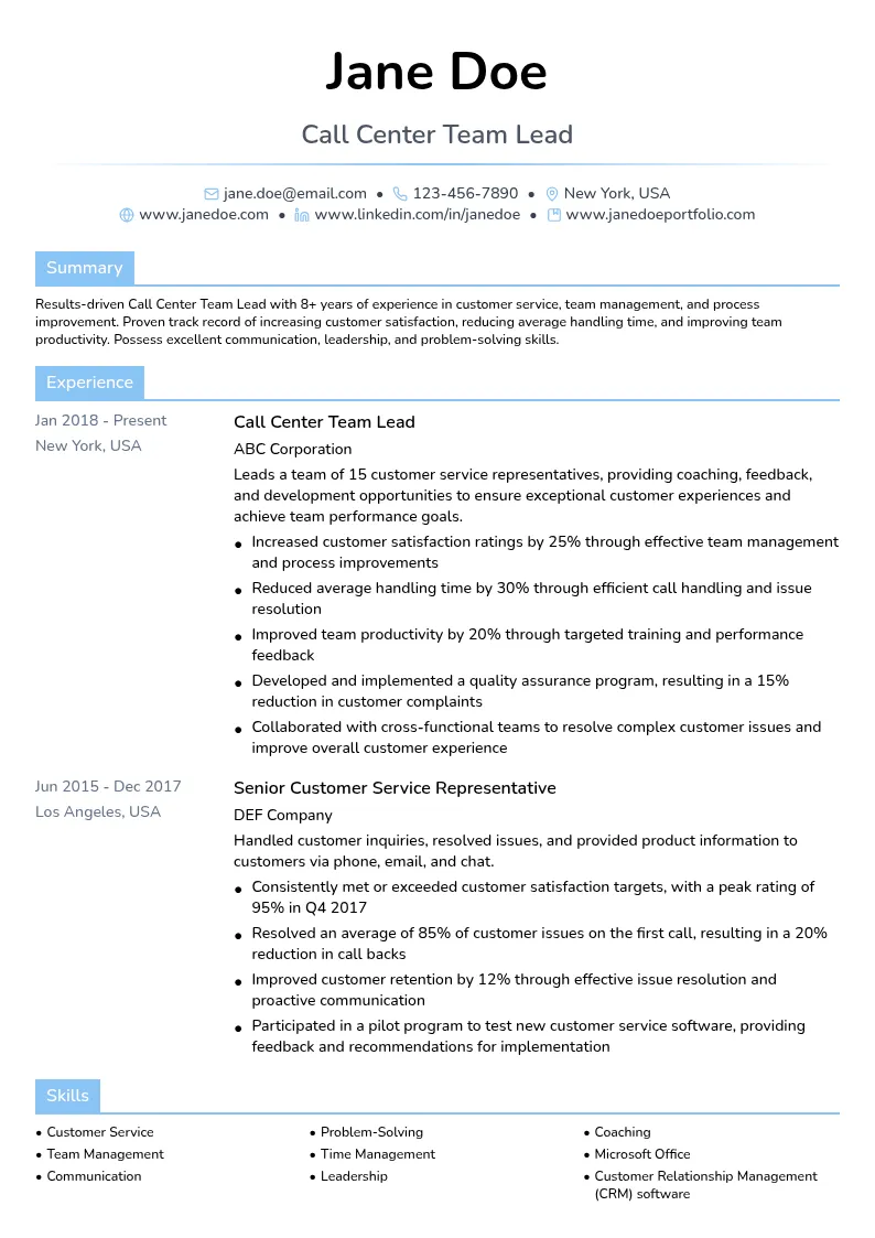 Call Center Team Lead resume example
