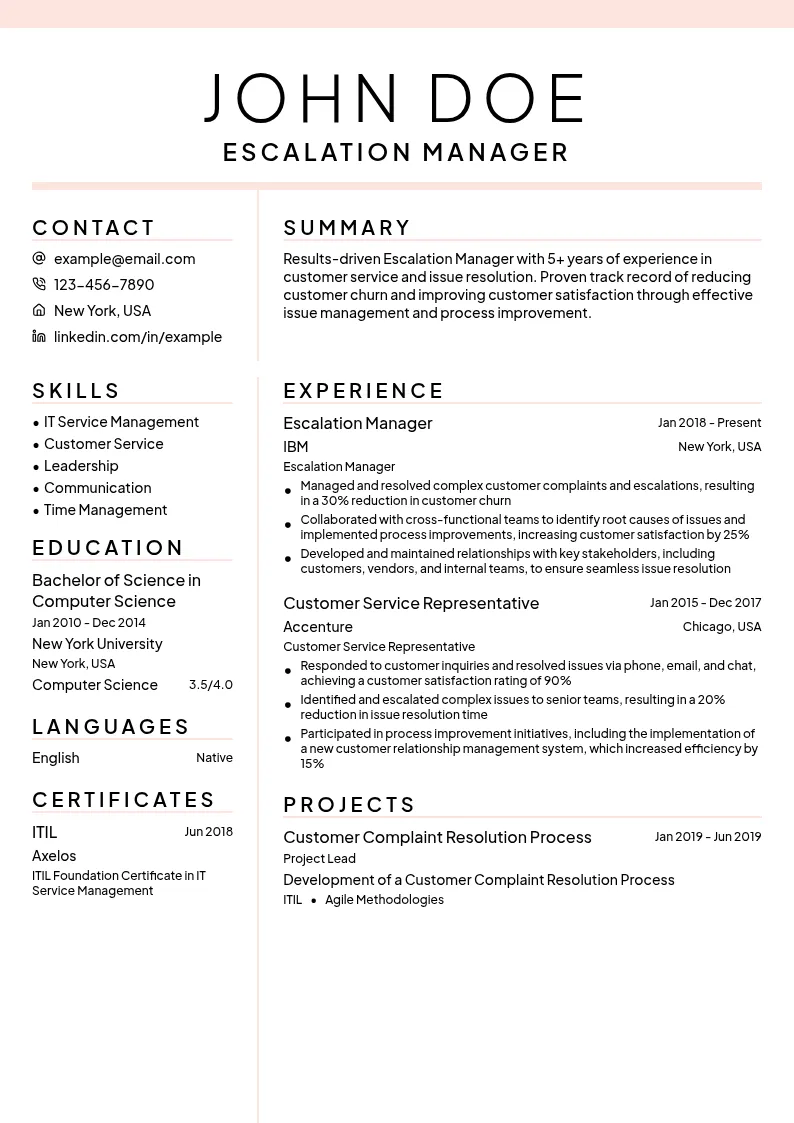 Escalation Manager resume example