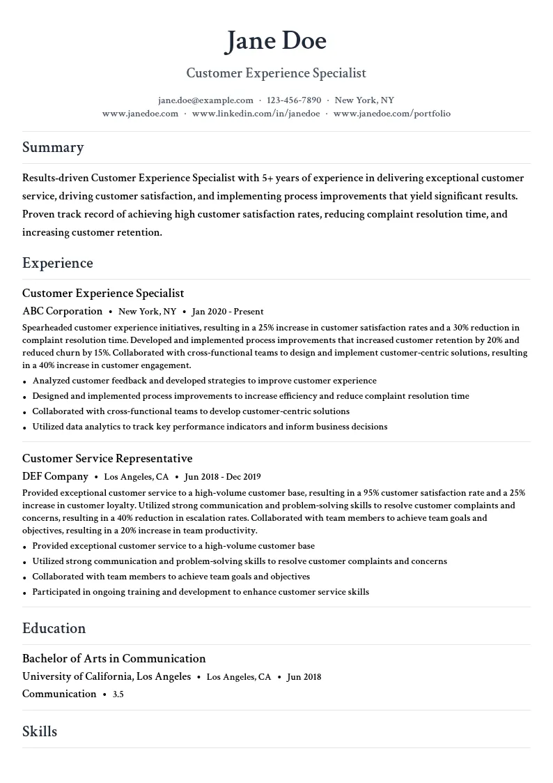 Customer Experience Specialist resume example