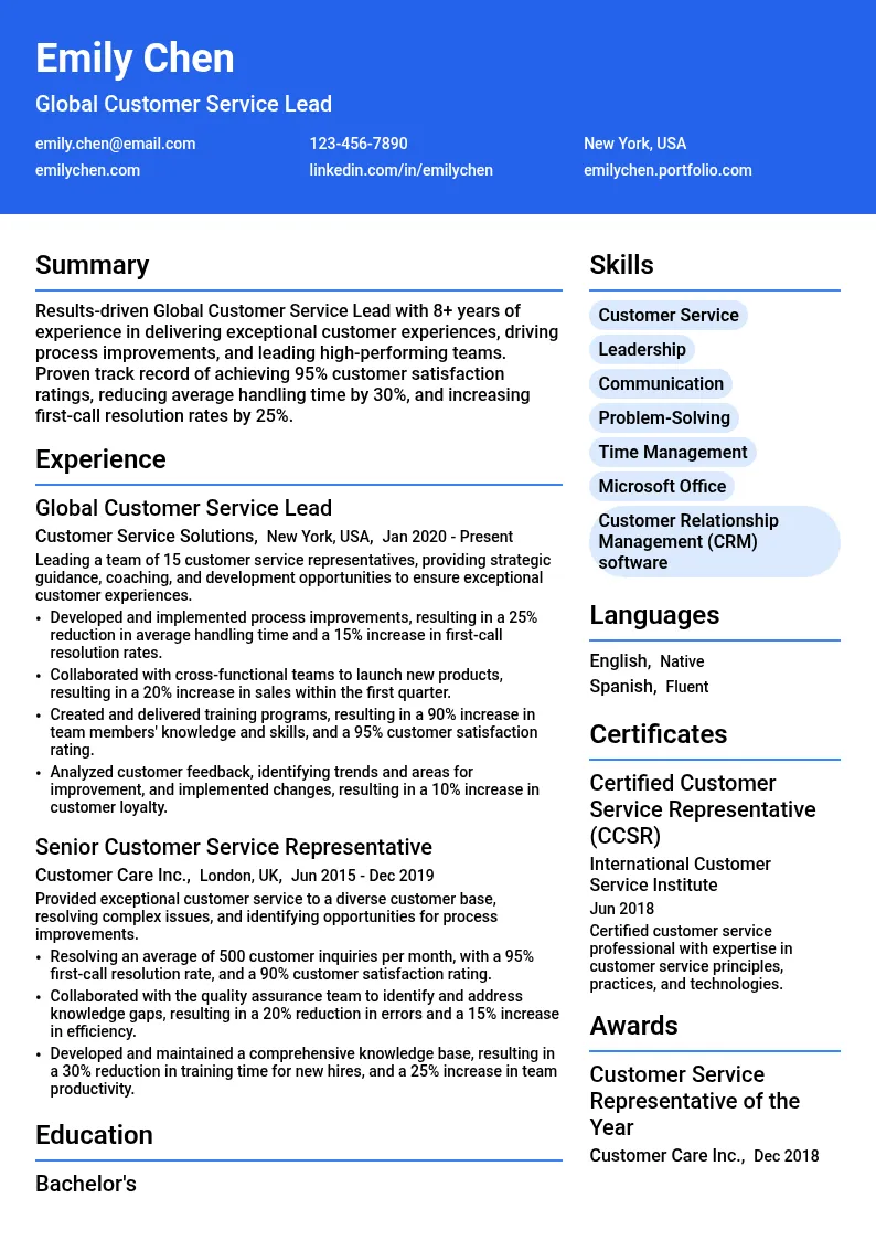 Global Customer Service Lead resume example