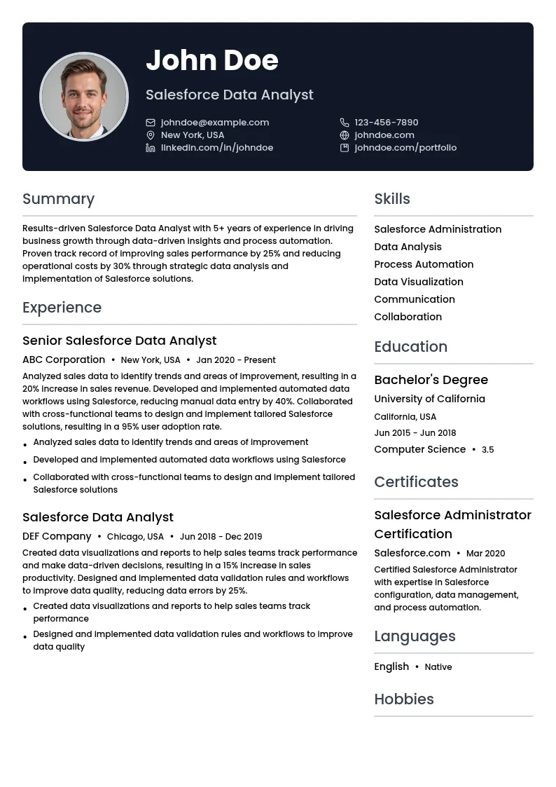Salesforce Data Analyst resume example
