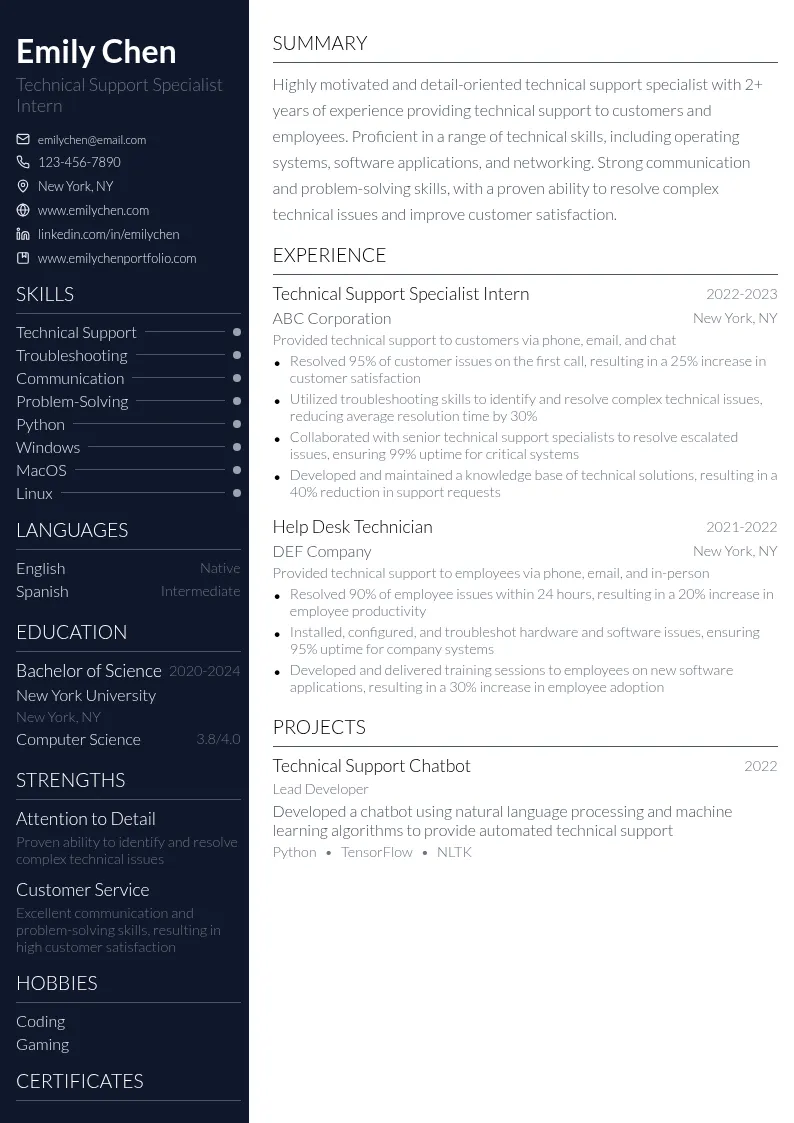 Technical Support Specialist Intern resume example