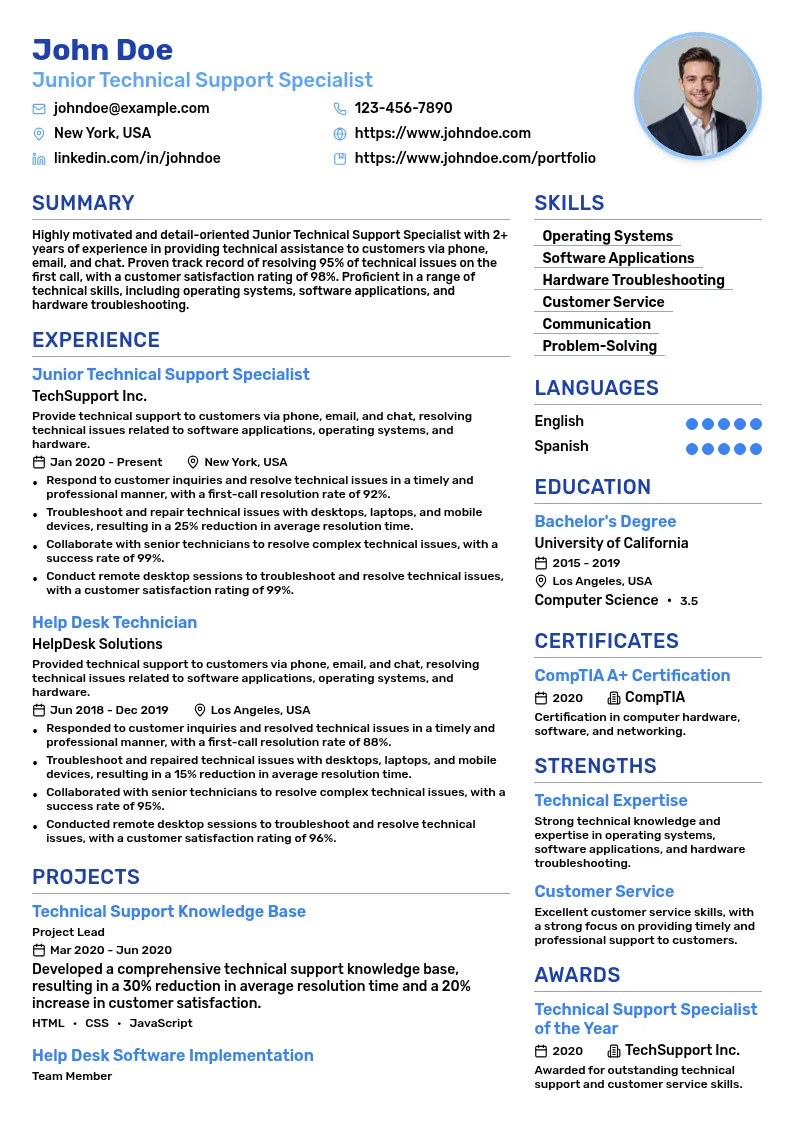Junior Technical Support Specialist resume example