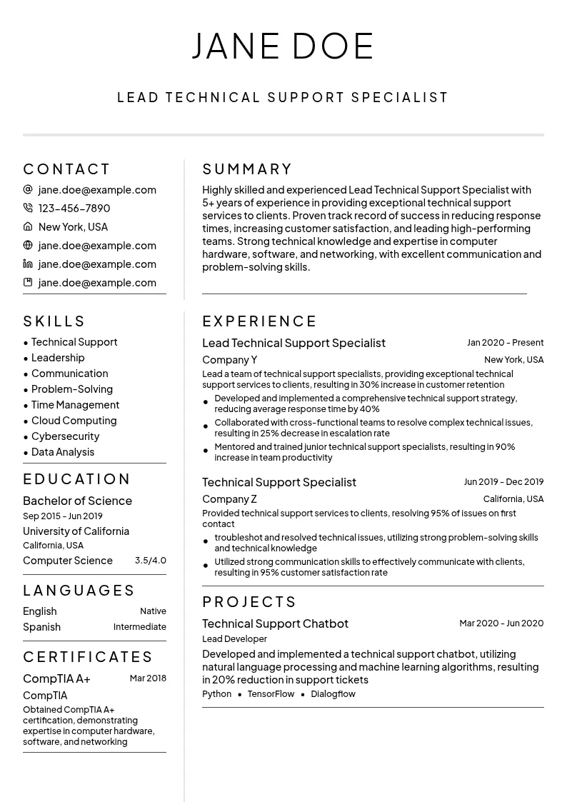 Lead Technical Support Specialist resume example