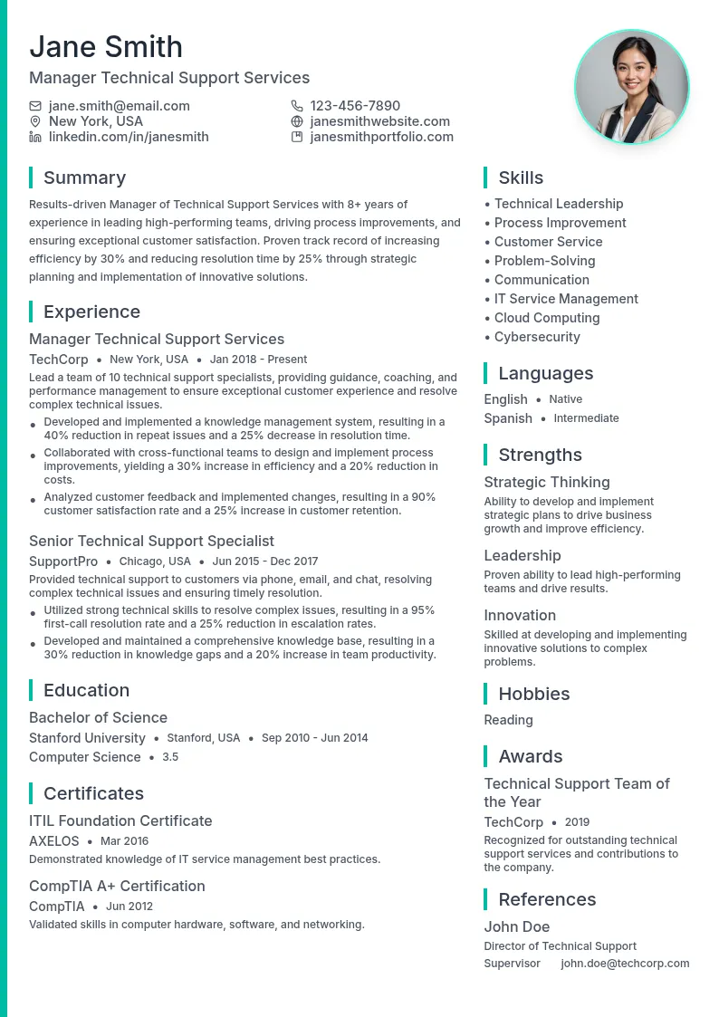 Manager Technical Support Services resume example