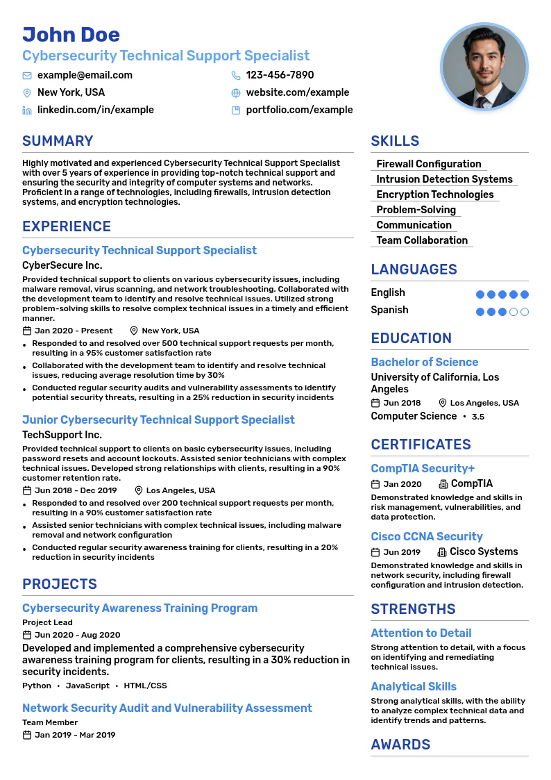 Cybersecurity Technical Support Specialist resume example
